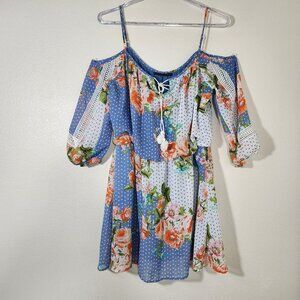 City Studio Floral Polka Dot Cold Shoulder Mini Dress L?